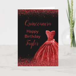 Bright Red Dress Faux Glitter Quinceanera Kaart