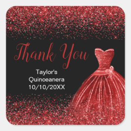Bright Red Dress Faux Glitter Quinceanera Vierkante Sticker