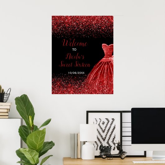 Bright Red Dress Faux Glitter Sweet 16 Welkom Poster (Thuiskantoor)