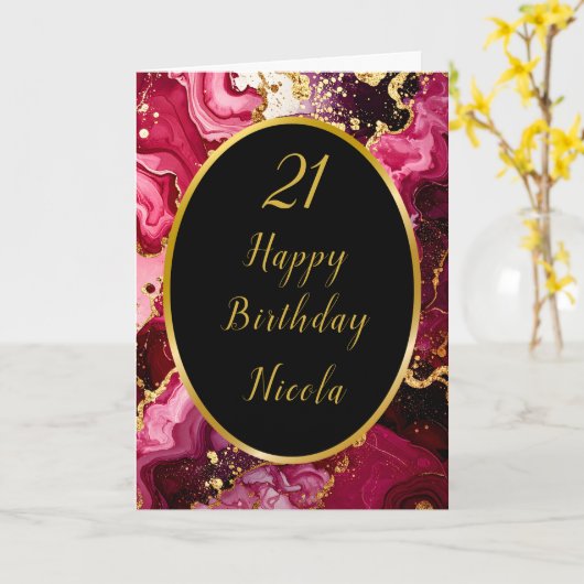 Bright Red en Gold Marble Agate Verjaardagsfeest Kaart (Gele Bloem)