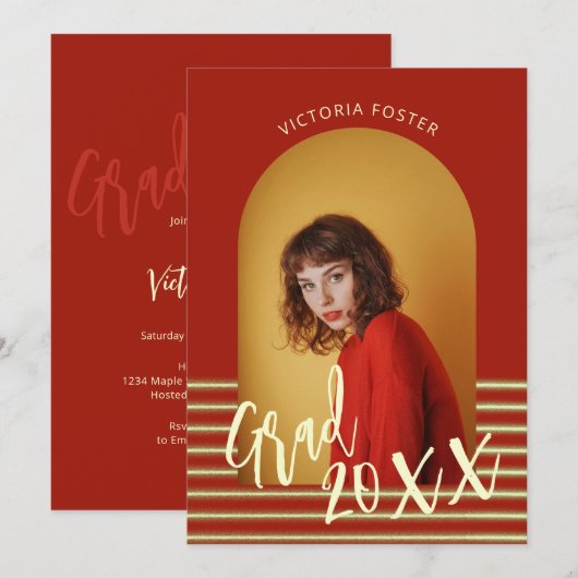 Bright Red en Gold Photo Graduation Party Kaart (Voorkant / Achterkant)