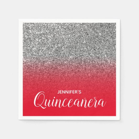 Bright Red en Silver Glitter Ombre Quinceanera Servet (Voorkant)