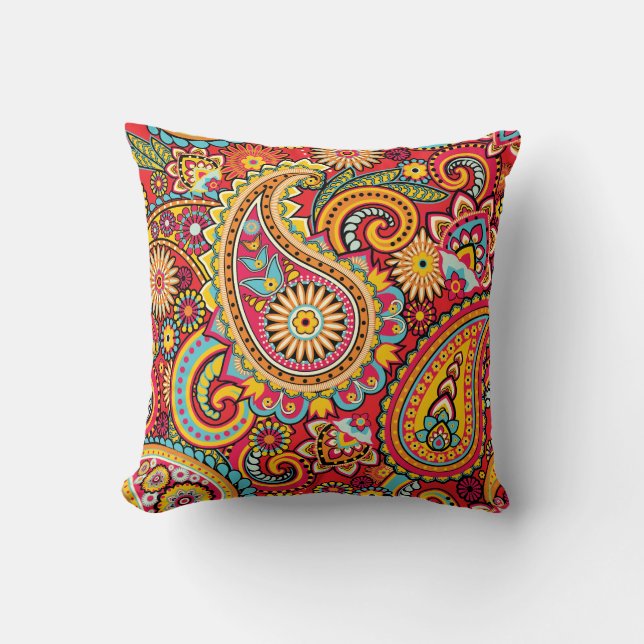 Bright Red Floral paisley bohemian patroon Kussen (Voorkant)