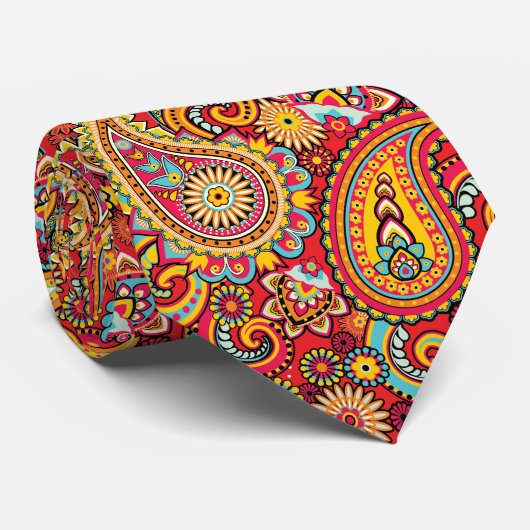 Bright Red Floral paisley bohemian patroon Stropdas (Opgerold)