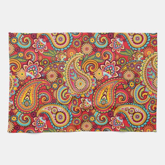 Bright Red Floral paisley bohemian patroon Theedoek (Horizontaal)