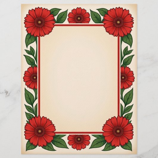 Bright Red Flowers & Frame Stationery Paper Briefhoofd (Voorkant)