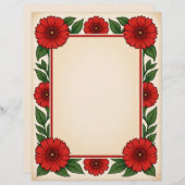 Bright Red Flowers & Frame Stationery Paper Briefhoofd (Voorkant / Achterkant)
