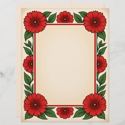 Bright Red Flowers & Frame Stationery Paper Briefhoofd (Voorkant / Achterkant)