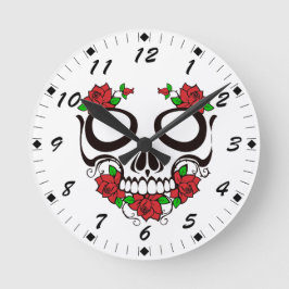 Bright Red Flowers Green Leaves Sugar Skull Ronde Klok
