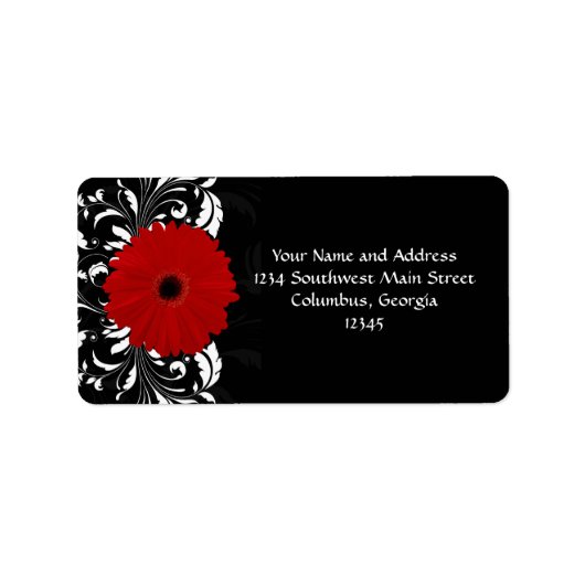Bright Red Gerbera Daisy op zwart Etiket (Voorkant)