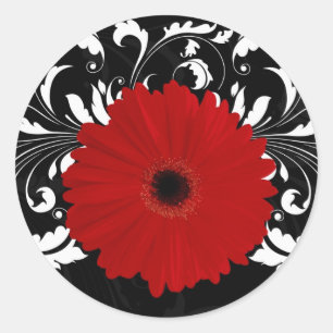 Bright Red Gerbera Daisy op zwart Ronde Sticker