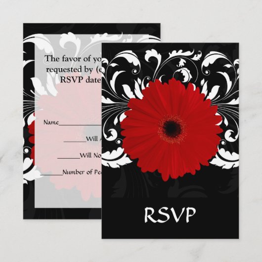 Bright Red Gerbera Daisy op zwart RSVP Kaartje (Voorkant / Achterkant)