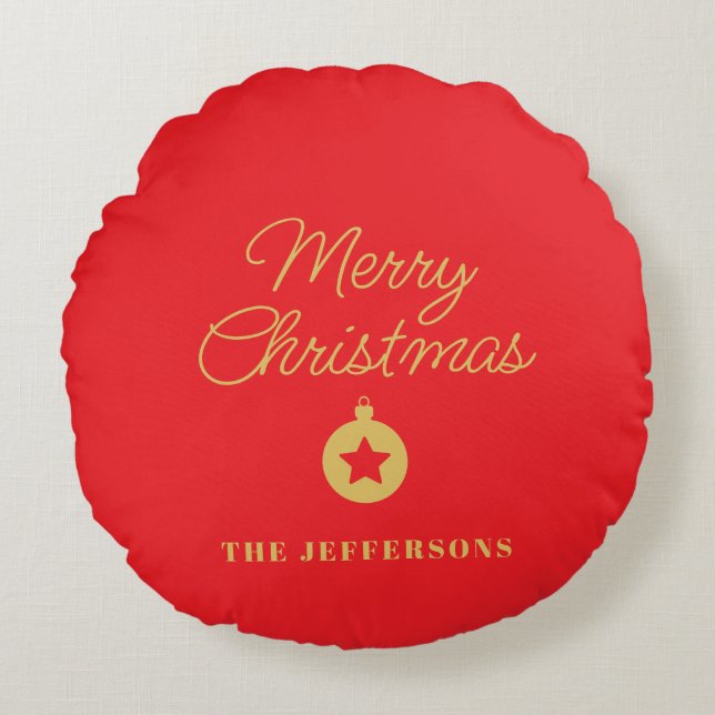 Bright Red & Gold Colors Merry Christmas Rond Kussen (Voorkant)