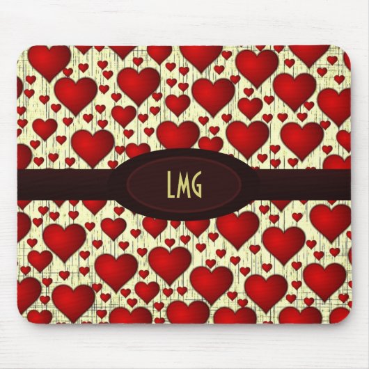 Bright Red Hearts Patroon met Bourgogne naamplaat Muismat (Voorkant)