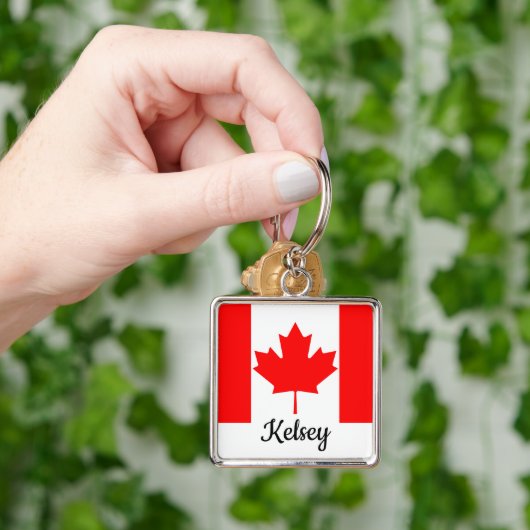 Bright Red Maple Leaf Canada Flag Custom Name Sleutelhanger (Hand)