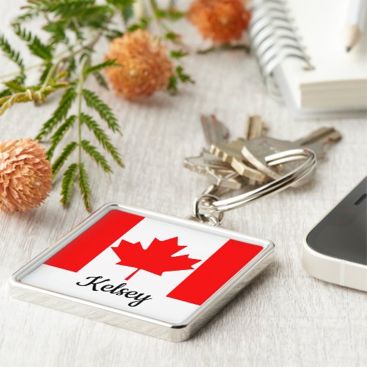 Bright Red Maple Leaf Canada Flag Custom Name Sleutelhanger (Zijkant)