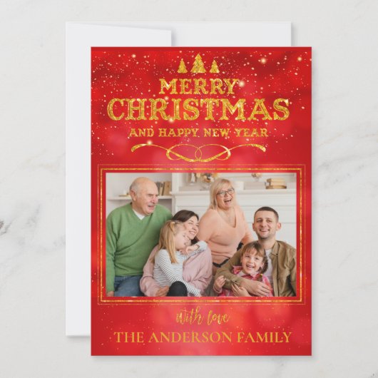 Bright Red Merry Happy Nieuwjaarsfoto Feestdagenkaart (Voorkant)