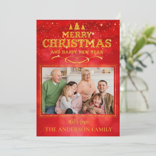 Bright Red Merry Happy Nieuwjaarsfoto Feestdagenkaart (Staand voorkant)