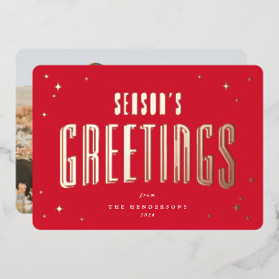 Bright Red Season's Greetings Retro Stars Foto Folie Feestdagenkaart