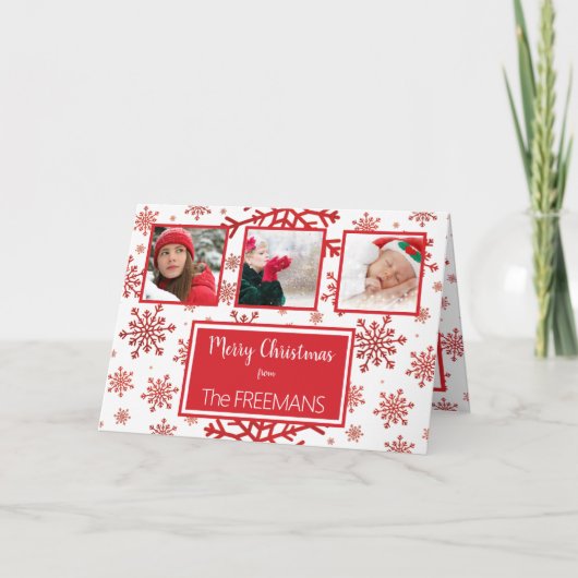 Bright Red Snowflake 3 Fotocollage Personaliseren Feestdagen Kaart (Voorkant)
