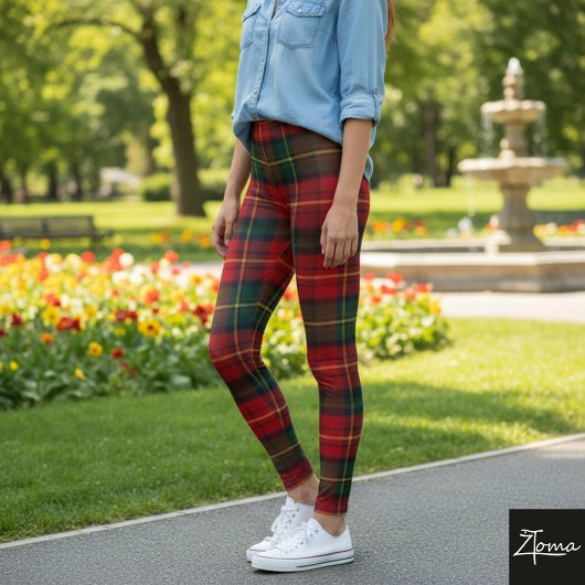 Bright Red Square Tartan Christmas Plaid Leggings