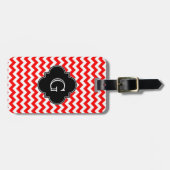 Bright Red White Chevron Black Quatrefoil Monogram Bagagelabel (Voorkant horizontaal)