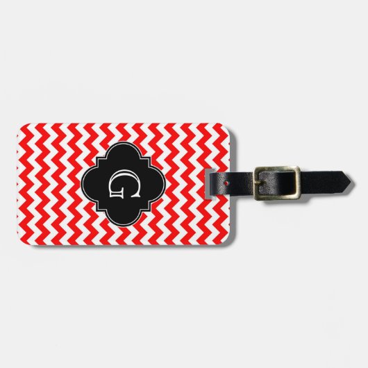 Bright Red White Chevron Black Quatrefoil Monogram Bagagelabel (Voorkant horizontaal)
