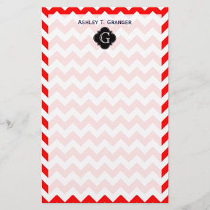 Bright Red White Chevron Black Quatrefoil Monogram Briefpapier