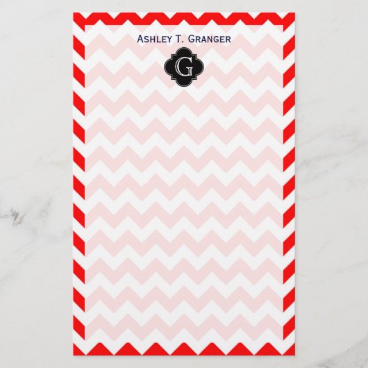 Bright Red White Chevron Black Quatrefoil Monogram Briefpapier (Voorkant)