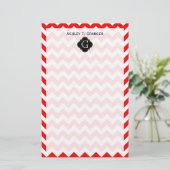 Bright Red White Chevron Black Quatrefoil Monogram Briefpapier (Staand voorkant)