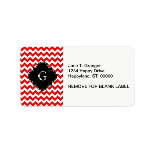 Bright Red White Chevron Black Quatrefoil Monogram Etiket (Voorkant)