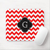 Bright Red White Chevron Black Quatrefoil Monogram Muismat (Met muis)