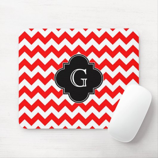 Bright Red White Chevron Black Quatrefoil Monogram Muismat (Met muis)