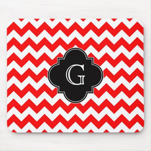 Bright Red White Chevron Black Quatrefoil Monogram Muismat (Voorkant)
