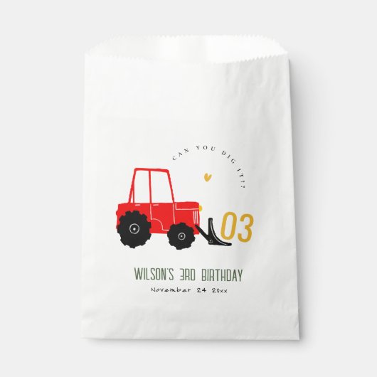 Bright Red Yellow Digger Kinder Any Age Verjaardag Bedankzakje (Voorkant)