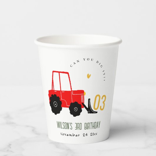 Bright Red Yellow Digger Kinder Any Age Verjaardag Papieren Bekers (Achterkant)