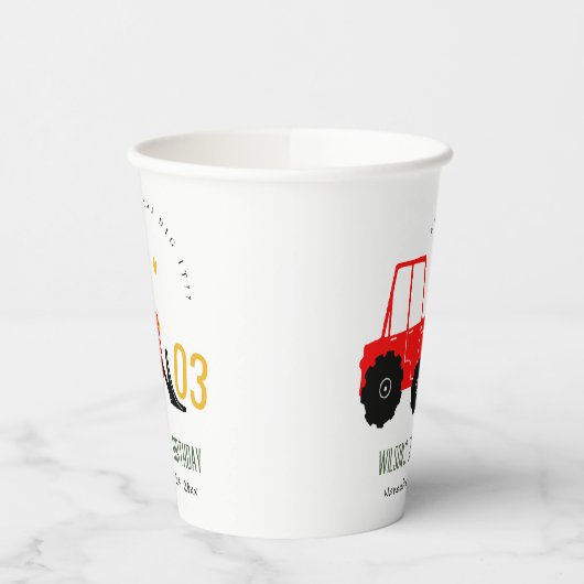 Bright Red Yellow Digger Kinder Any Age Verjaardag Papieren Bekers (Links)