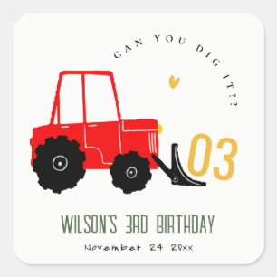 Bright Red Yellow Digger Kinder Any Age Verjaardag Vierkante Sticker