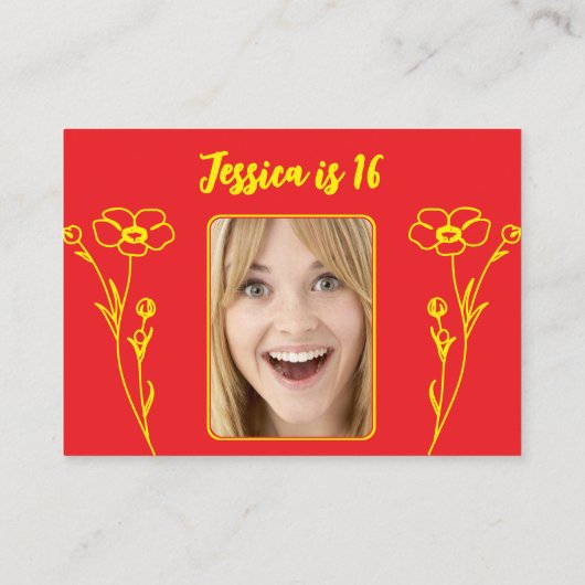 Bright Red & Yellow Floral 16th Birthday Informatiekaartje (Achterkant)