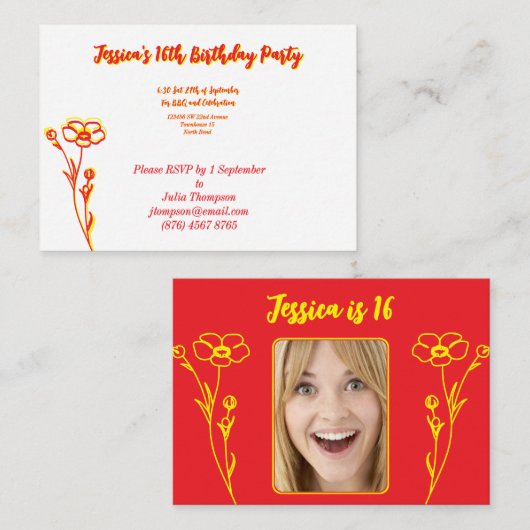 Bright Red & Yellow Floral 16th Birthday Informatiekaartje (Voorkant / Achterkant)