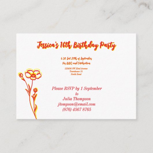 Bright Red & Yellow Floral 16th Birthday Informatiekaartje (Voorkant)