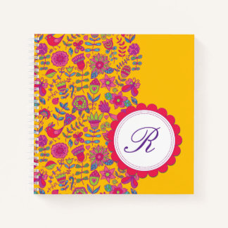 Bright Retro Floral Blooms met Monogram Notitieboek