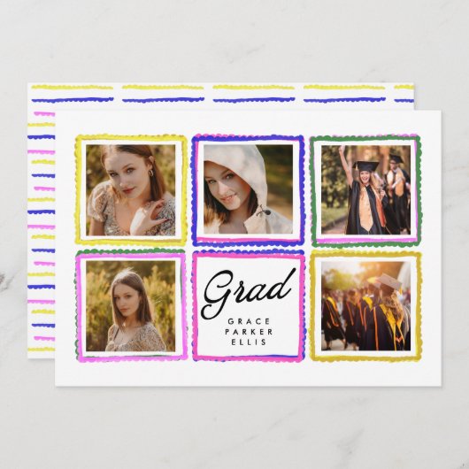 Bright Retro Grad Photo Collage Frames Graduation  Aankondiging (Voorkant / Achterkant)