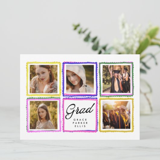 Bright Retro Grad Photo Collage Frames Graduation  Aankondiging (Staand voorkant)