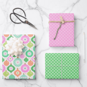 Bright Retro Kerst Ornamenten & Controles Patroon Inpakpapier Vel