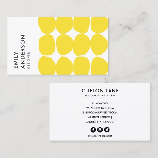 BRIGHT RETRO LARGE HAND GETROKKEN GEEL POLKA DOTS VISITEKAARTJE (Voorkant / Achterkant)
