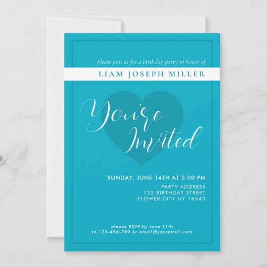 Bright Rich Sky Blue Script Verjaardagsuitnodiging Kaart (Voorkant)