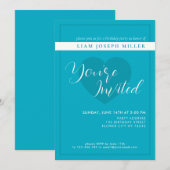 Bright Rich Sky Blue Script Verjaardagsuitnodiging Kaart (Voorkant / Achterkant)