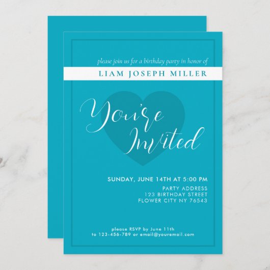 Bright Rich Sky Blue Script Verjaardagsuitnodiging Kaart (Voorkant / Achterkant)