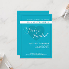 Bright Rich Sky Blue Script Verjaardagsuitnodiging Kaart